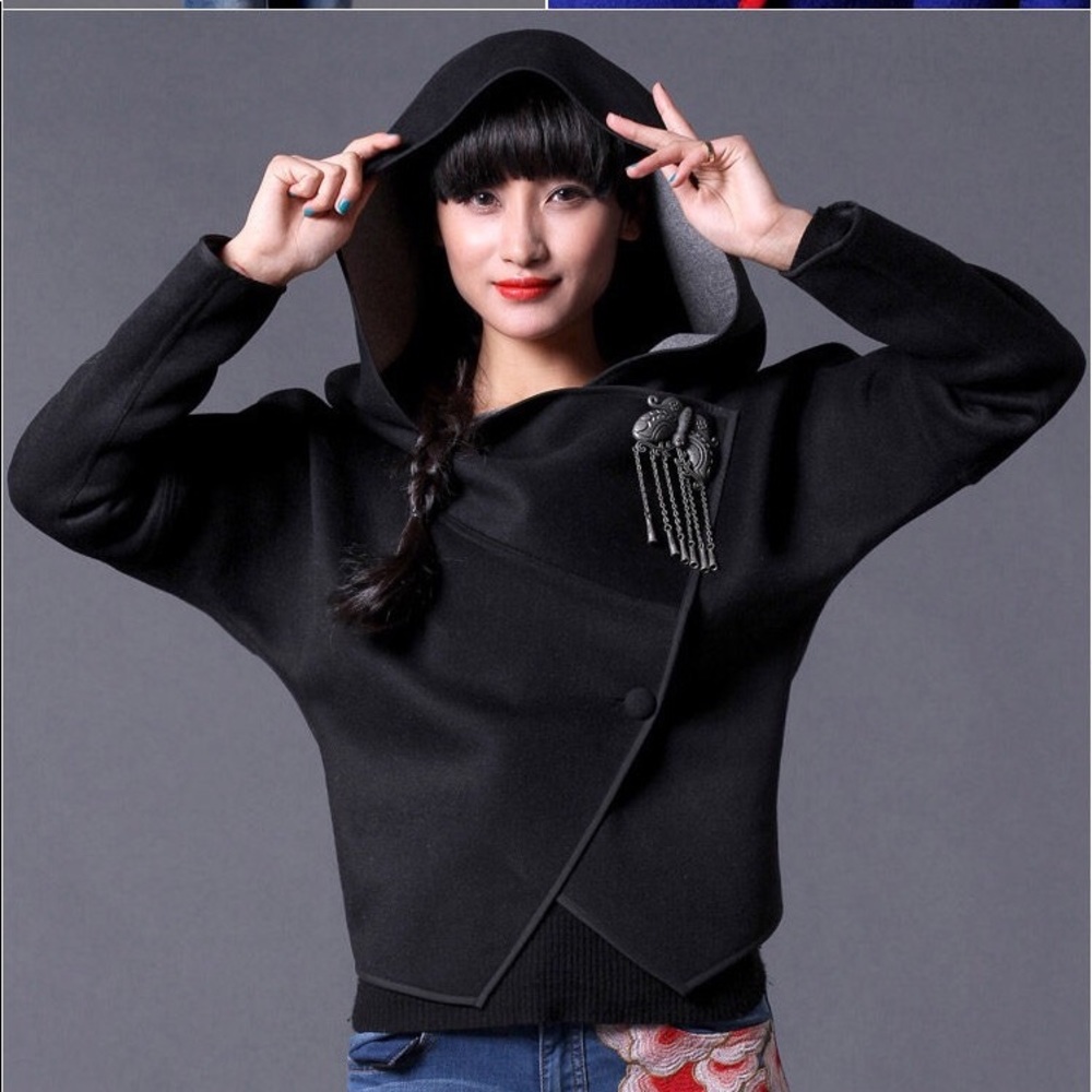 Double Faced Wool Short Coat with Large Hood